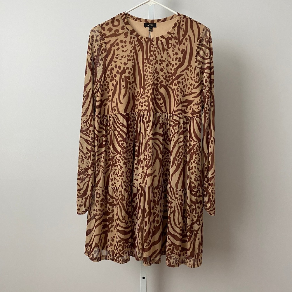 AFRM M Brown Animal Print Babydoll Dress Mesh Tiered Long Sleeve